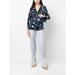 Vince Black Blue 100% Silk Sea Carnation Vneck Collar Blouse Large NEW
